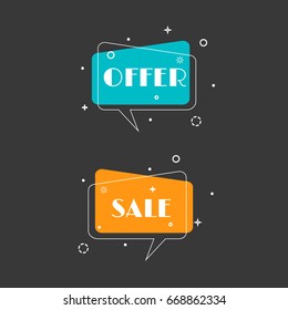Set of trendy flat geometric vector bubbles. Vivid transparent banners in retro poster design style. Vintage colors and shapes. Black cartoon background. Vector illustration.