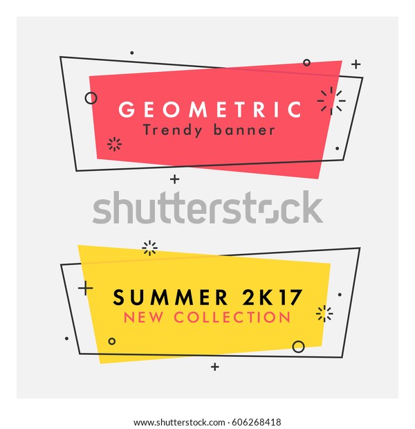 Set of trendy flat geometric vector\
banners. Vivid transparent banners in retro poster design style.\
Vintage colors and shapes. Red and yellow\
colors.