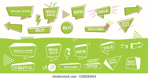 Set of trendy flat green cartoon geometric vector banners. Design element collection with green speech bubble, sale buttons, lightning, arrows and special offer ribbons