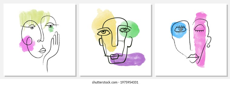 Set of trendy flat illustration. Abstract face. Hand drawn human portrait in trendy minimalistic style. Charcoal line. Watercolor spots. Template for your design works. Vector graphics.