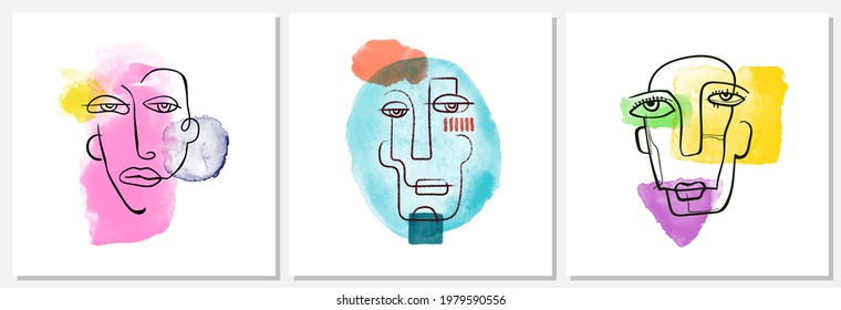 Set of trendy flat illustration. Abstract face. Hand drawn human portrait in trendy minimalistic style. Charcoal line. Watercolor spots. Template for your design works. Vector graphics.