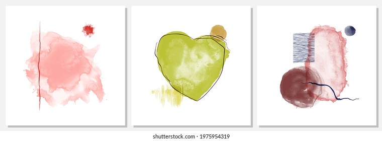 Set of trendy flat illustration. Hand drawn abstract background in trendy minimalistic style. Charcoal line. Watercolor spots. Template for your design works. Vector graphics.