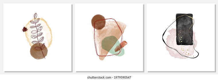 Set of trendy flat illustration. Hand drawn abstract background in trendy minimalistic style. Charcoal line. Watercolor spots. Template for your design works. Vector graphics.