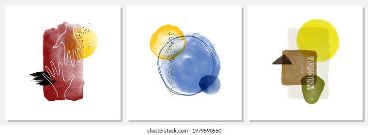 Set of trendy flat illustration. Hand drawn abstract background in trendy minimalistic style. Charcoal line. Watercolor spots. Template for your design works. Vector graphics.