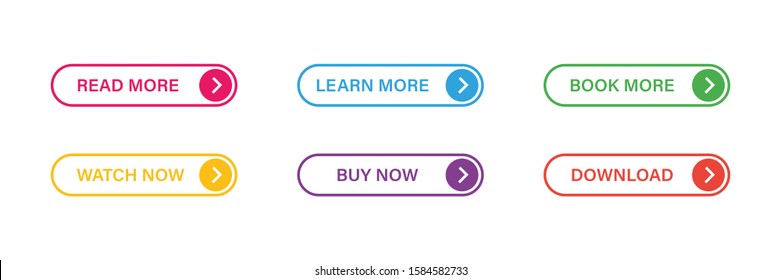 Set of trendy flat stroke buttons. Thin line design. Colorful outline concept. Internet concept. Isolated vector. Read more, Book now, Buy now, Download, Learn more. EPS 10