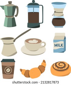 Set of trendy flat style illustrations - coffee break with brewing tools, cups, milk and pastry (croissant and cinnamon bun)