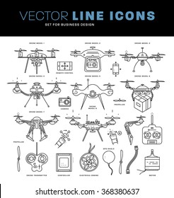 Set of Trendy Flat Style Line Icons. Collection of Aerial Drone Emblems and Icons with Camera, Propellers, Engine, Transmitter and Controller Pictogram. Remote Control with Mobile Phones.