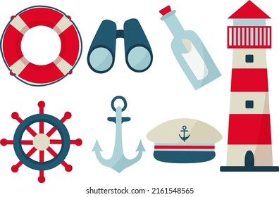 Set of trendy flat style nautical illustrations isolated on white