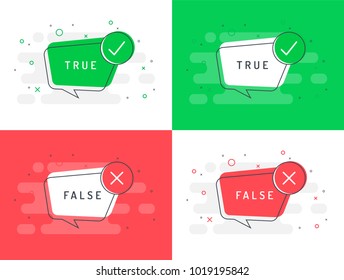 Set of trendy flat vector bubble. Check mark and cross icons set. True or false? Red and green colors.