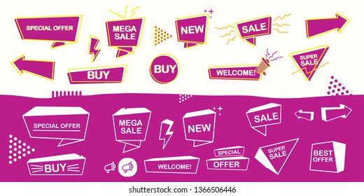 Set of trendy flat violet geometric vector banners. Design element collection with pink speech bubble, sale buttons, lightning, arrows and special offer ribbons 
