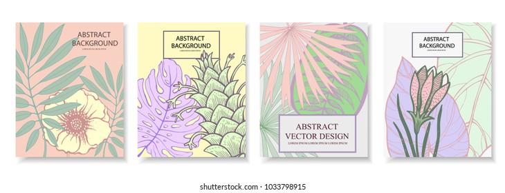 Set of trendy floral cards template with pastel tropical leaves and flowers. Universal design for wedding invitation, anniversary, birthday party and more. Vector illustration.