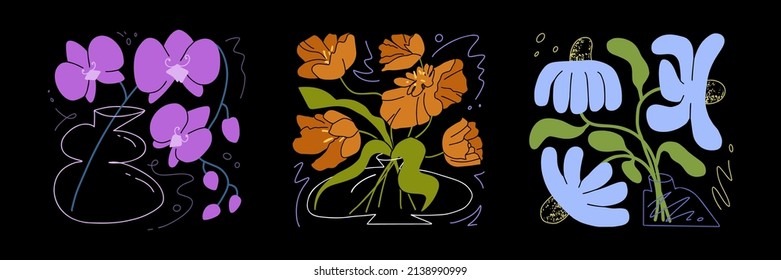 Set of trendy floral compositions in glass vases. Vector illustration EPS10