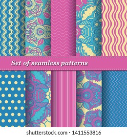Set of Trendy Floral Pattern. Summer exotic ornament with tropical leaves.Vector illustration. EPS10