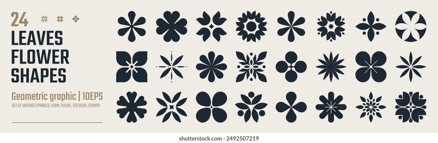 Set of trendy flower silhouette, floral symmetrical tattoo shape vector, plant symbols in Y2K aesthetics, Collection of various form, stickers assets, abstract geometric graphic elements