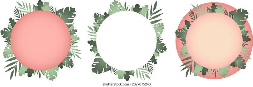 Set of trendy frames with tropical leaves. Summer vector design of stickers.