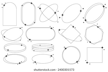 Set of trendy geometric aesthetic abstract line frames and shapes with stars boho, brutalism, Y2K style. Arch, frame, ellipse, circle with sparkles fo