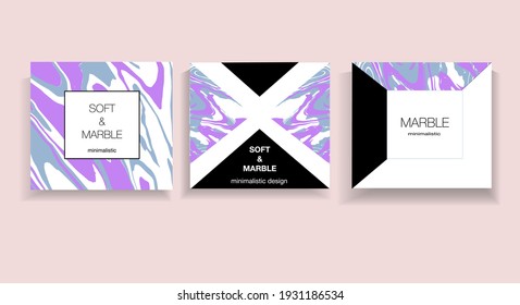 Set of trendy geometric cards or flyers design with contrasting shapes, marble textures, golden frames and space for text. Vector illustration.