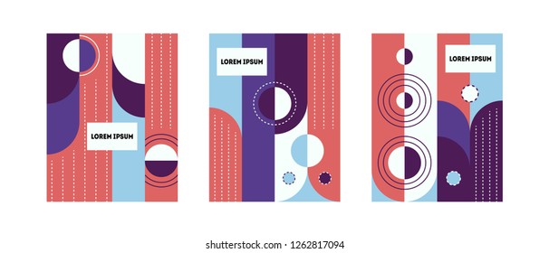 Set of trendy geometric cover templates. Minimal retro design. Cool colorful backgrounds. Applicable for Banners, Placards, Posters, Flyers. 