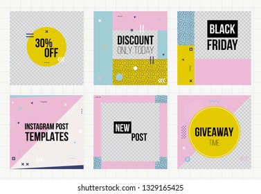 Set of trendy geometric elements memphis cards. Retro style texture, pattern and geometric elements. Modern abstract design poster, cover, card design.