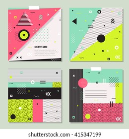 Set Of Trendy Geometric Elements Memphis Cards.  Retro Style Texture, Pattern And Geometric Elements. Modern Abstract Design Poster, Cover, Card Design.