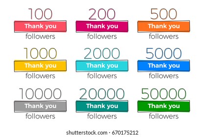 Set of trendy geometric Thank you followers banners with numbers. Vector design