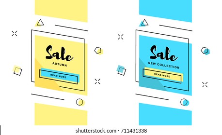 Set of trendy geometric vector banners of sale. Bright banners with geometric shapes. Vintage colors and shapes. Banner for site, shop. Blue and yellow colors