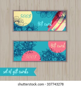 Set of trendy gift card templates with flowers and colorful brush strokes for your design