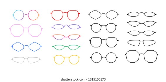 Set of trendy glasses frames with oval, round, polygonal shapes. Colourful plastic and simple black. Isolated on white. Without lenses. 2020 trend.