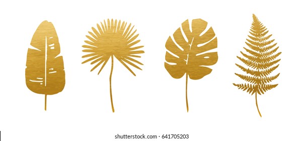 Set Of Trendy Gold Tropical Leaves. Vector. Silhouette