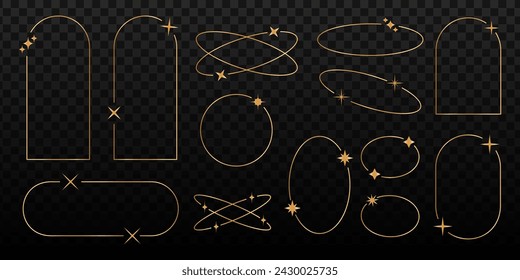 Conjunto de marcos de oro de moda. Arco dorado, ovalado, formas de círculo con iconos de brillo y brillo. Elementos decorativos boho. Adornos antiguos. Decoración cósmica, mística y futurista. Ilustración vectorial.