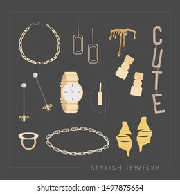 Set of trendy golden jewelry and accessories: rings, necklace, chain, earrings, mono earring, bracelets, watches. Stylish jewelry text.Template for print, card, flyer, shop  concept. isolated elements