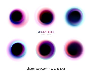 Set of trendy gradient blurs. Vivid liquid gradient shapes, chromatic blurs. Modern futuristic abstract design, bright colorful whirlpools.