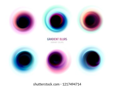 Set of trendy gradient blurs. Vivid liquid gradient shapes, chromatic blurs. Modern futuristic abstract design, bright colorful whirlpools.