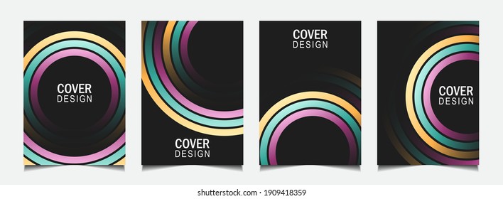 Conjunto de plantillas de fondo abstracto de diseño de portada de degradado de moda con línea colorida sobre formas de color negro. El diseño del vector a4 puede usar póster moderno, volante, informe anual, libro, presentación