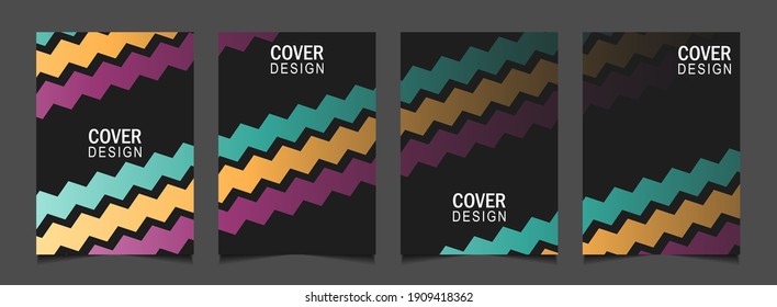 Set of trendy gradient cover design abstract background template with colorful line on black color shapes. Vector a4 layout can use modern poster, flyer, annual report, book, presentation