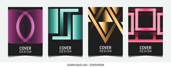 Conjunto de diseño de portada de gradiente de moda, plantilla de fondo universal abstracta con línea colorida sobre formas de color negro. El diseño del vector a4 puede usar póster moderno, volante, informe anual, libro, presentación