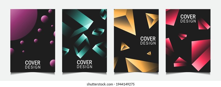 Set of trendy gradient cover design abstract universal background template with colorful line on black color shapes. Vector a4 layout can use modern poster, flyer, annual report, book, presentation