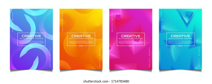 Set of trendy gradient cover poster design background template with dynamic soft colorful and abstract bright wavy fluid shapes. Vector a4 layout for modern flyer, annual report, book, presentation