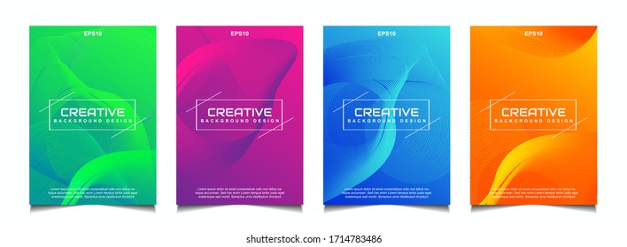 Set of trendy gradient cover poster design background template with dynamic soft colorful and abstract bright wavy fluid shapes. Vector a4 layout for modern flyer, annual report, book, presentation