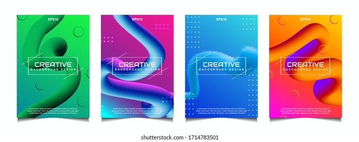 Set of trendy gradient cover poster design background template with dynamic soft colorful and abstract bright wavy fluid shapes. Vector a4 layout for modern flyer, annual report, book, presentation
