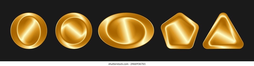 Eine Reihe von trendigen Gradienten Gold isoliert Buttone von verschiedenen Formen, Kreis, Oval, Dreieck, Fünfeck. Vektorgrafik EPS10 auf schwarzem Hintergrund.