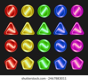 Un conjunto de Botones aislados de oro degradado de moda de diferentes Formas, círculo, óvalo, triángulo, pentágono. Vector EPS10 sobre fondo negro.