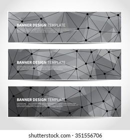 Set of trendy grey vector banners template or website headers with abstract geometric triangular background and black net. Vector design illustration EPS10