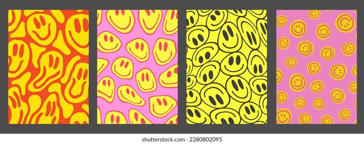 Set Of Trendy Groove Smile Patterns. Collection Of Cool Funky Y2K Posters. Retro Vintage Pop Art Backgrounds.