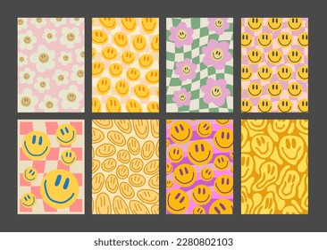 Set Of Trendy Groove Smile Patterns. Collection Of Cool Funky Y2K Posters. Retro Vintage Pop Art Backgrounds.