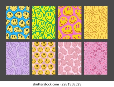 Set Of Trendy Groove Smile Patterns. Collection Of Cool Funky Y2K Posters. Retro Vintage Pop Art Backgrounds.