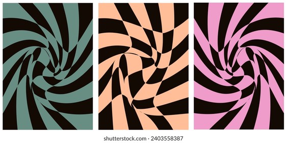 
Set Trendy groovy backgrounds and Checkered posters. Distorted and twisted patterns. Psychedelic vibes in Retro hippie 60's style. Vector illustration.