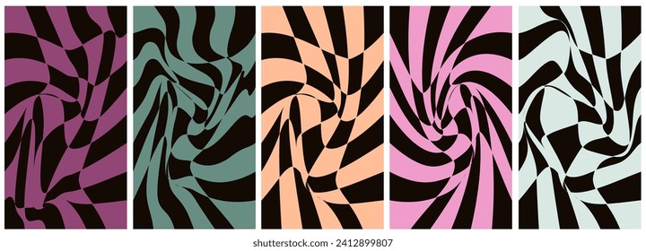 Set Trendy groovy backgrounds and Checkered posters. Distorted and twisted patterns. Psychedelic vibes in Retro hippie 60's style. Vector illustration.