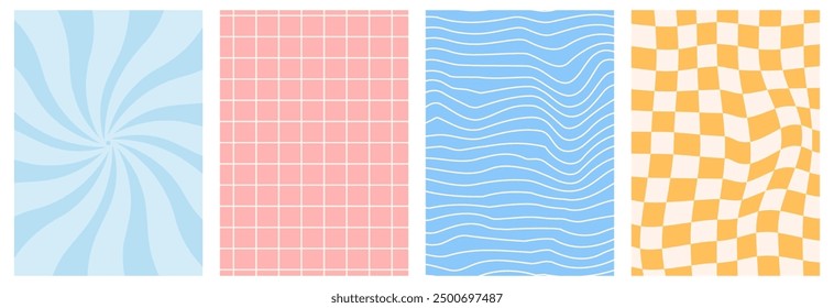 Set of trendy Groovy backgrounds. Comic 70s psychedelic texture with hippie vibes. Wavy, twisty swirl print. Vintage 60s texture prints graphic design template. Abstract vector backdrops.