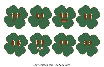 Set trendy Groovy clover with four leaf stickers. Happy Saint Patrick's Day. Funky happy clover character in trendy retro 60s 70s style. Vector illustration